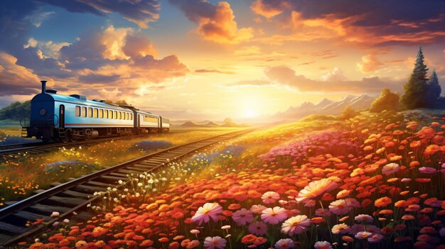 um trem viajando pelos trilhos ao lado de um campo de flores