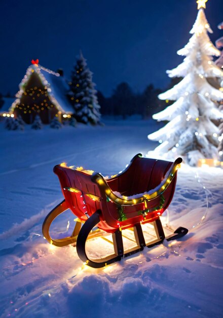 Um trenó de Natal decorado com luzes em um campo coberto de neve à noite