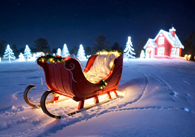 Um trenó de Natal decorado com luzes em um campo coberto de neve à noite