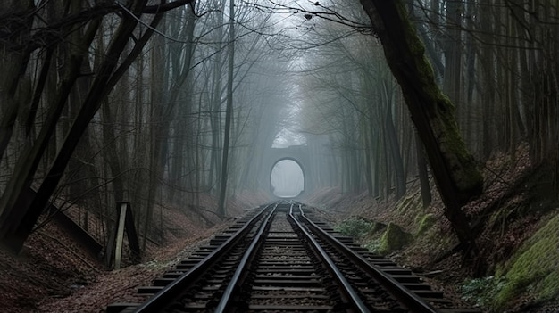 Um trilho de trem através de um túnel com um túnel ao fundo.