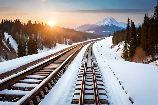 Um trilho de trem com neve no chão e montanhas ao fundo