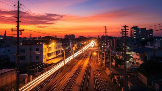 um trilho de trem com o sol se pondo atrás dele