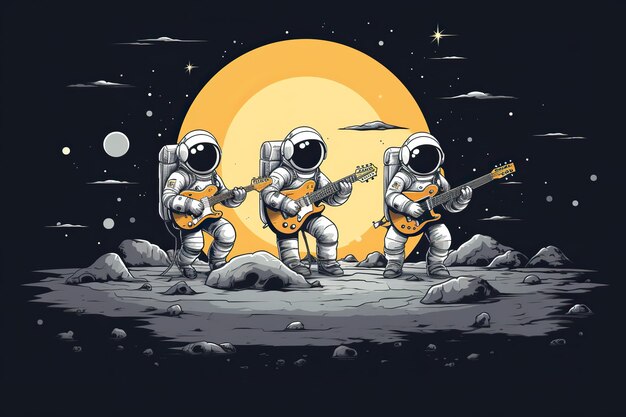 um trio de astronautas fazendo música na superfície lunar