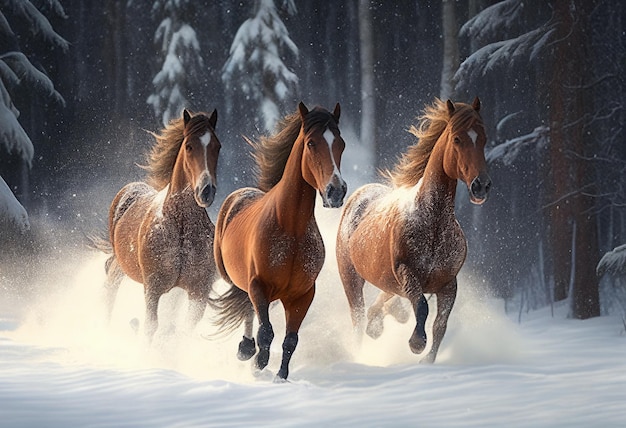 Um trio de cavalos correndo através de uma floresta de inverno com neve voando em torno deles AI Gerado