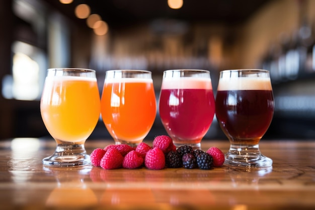 Um trio de cervejas com infusão de frutas laranja cereja framboesa