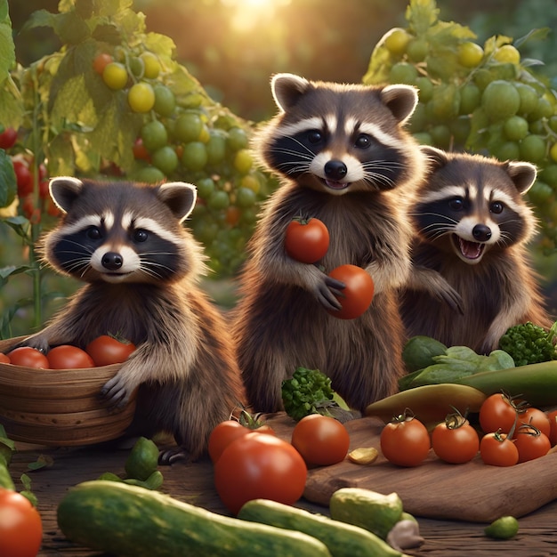 Um trio de guaxinins invade um campo de vegetais de agricultores com patas ágeis, arrancando habilmente tomates maduros e