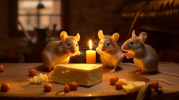 Um trio de ratos mordiscando queijo em um buraco de rato gerado por IA