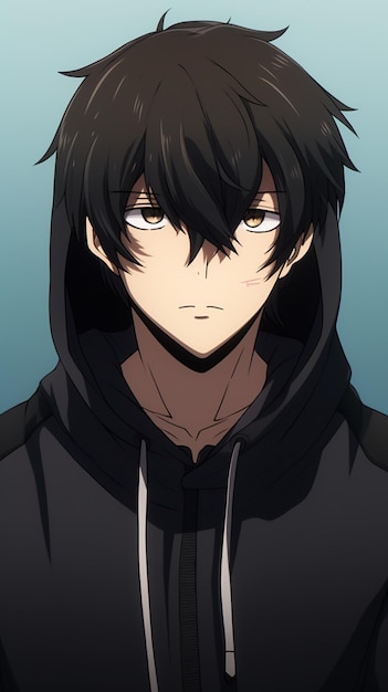 Um triste personagem de anime com um capuz preto.