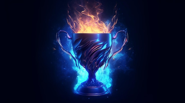Um troféu azul com uma chama nele