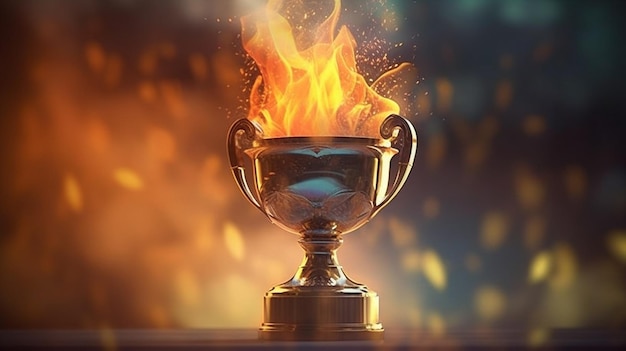 Um troféu com uma chama e a palavra fogo na parte inferior.