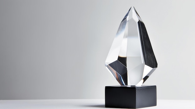 Um troféu de cristal com facetas geométricas em um pedestal preto contra um fundo cinza