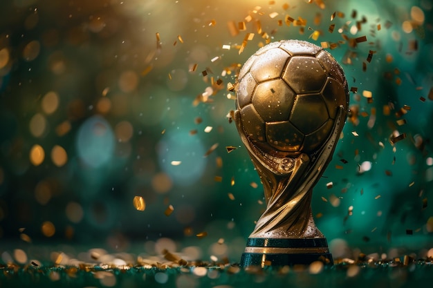 Um troféu de futebol dourado brilha com confetes espumantes contra um fundo bokeh iluminado pelo sol