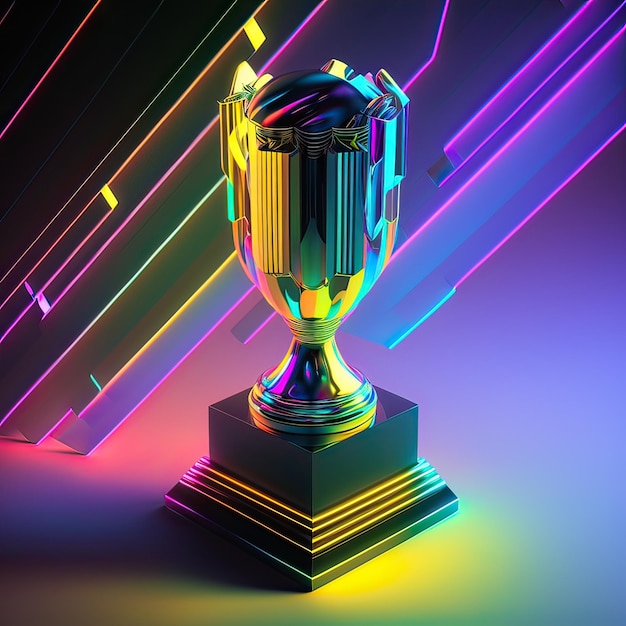 Um troféu de néon em um fundo colorido