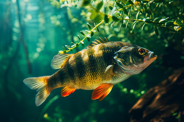 Foto um troféu de pesca exibindo uma perca de água doce considerável submersa na água contra um verde vibrante