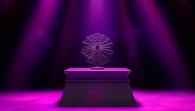 Um troféu de teia de aranha fica em um pedestal em uma sala roxa.