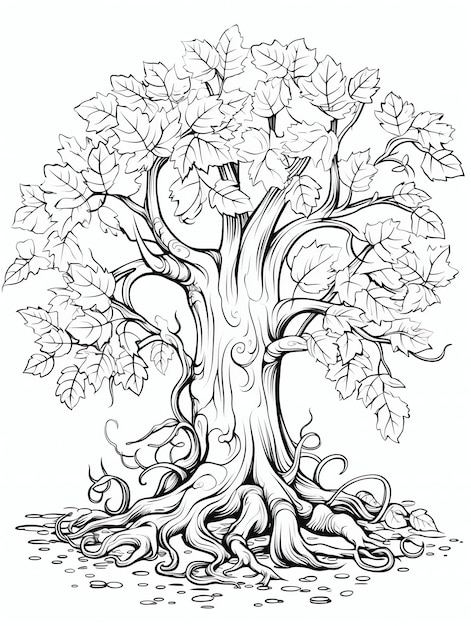 Foto um tronco de árvore com folhas caindo mágica outono coloração página do livro em preto e branco para e