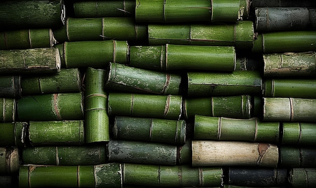 Um tronco de bambu verde com fundo escuro