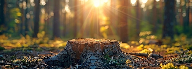 Foto um tronco de pinheiro iluminado pelo sol no meio de uma floresta serve como um lembrete cruel das práticas de extração de madeira.