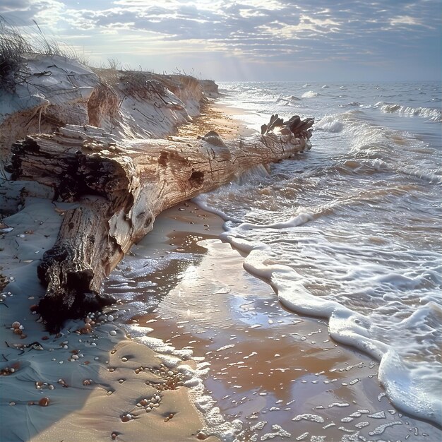 Foto um tronco está na água e o oceano está coberto de espuma.