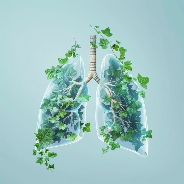 Um tronco humano transparente com folhas verdes crescendo dentro dos pulmões