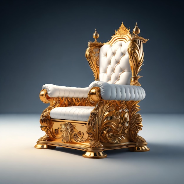 Um trono dourado com estofamento em couro branco e detalhes em branco