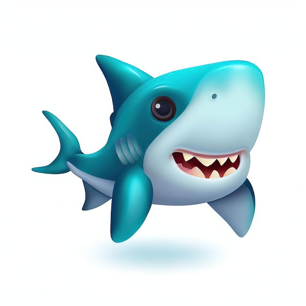 Um tubarão azul com um grande sorriso no rosto