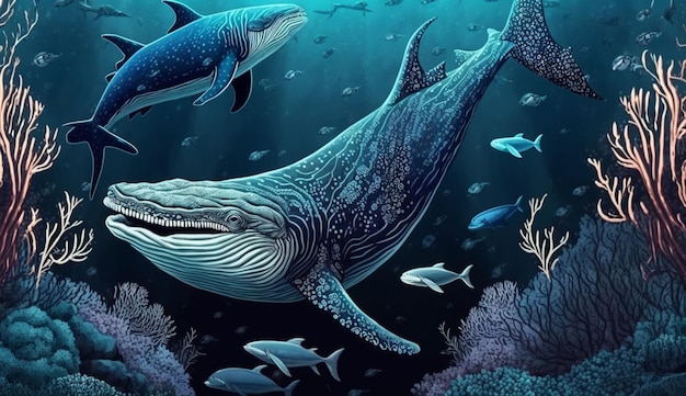 Um tubarão-baleia e peixes nadando ao redor