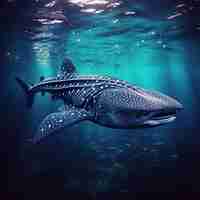 Foto um tubarão-balena com um corpo grande caminha entre os peixes pequenos