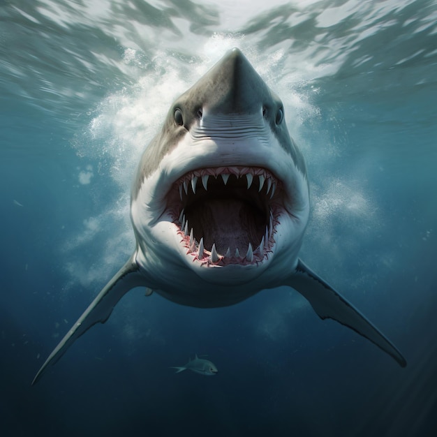 Um tubarão com a boca aberta está nadando na água.