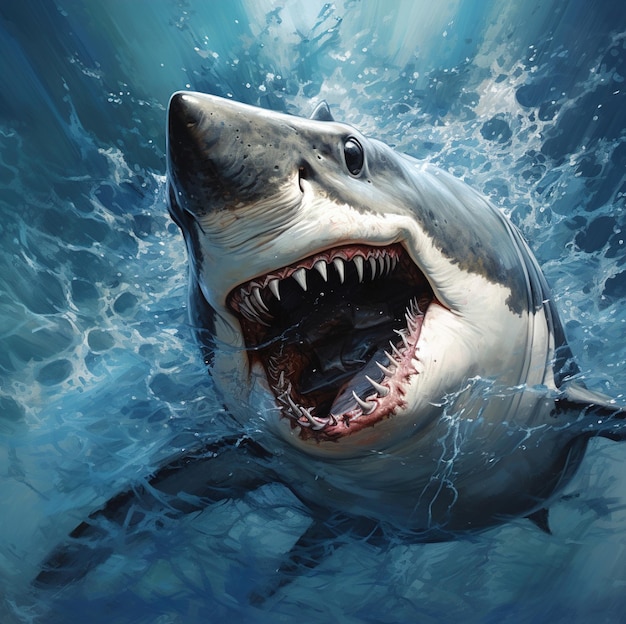 Um tubarão com a boca aberta nadando na água
