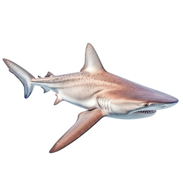 Foto um tubarão com um rosto branco e uma faixa vermelha na frente.