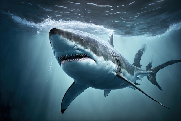 Um tubarão está nadando no oceano com a barbatana caudal visível.