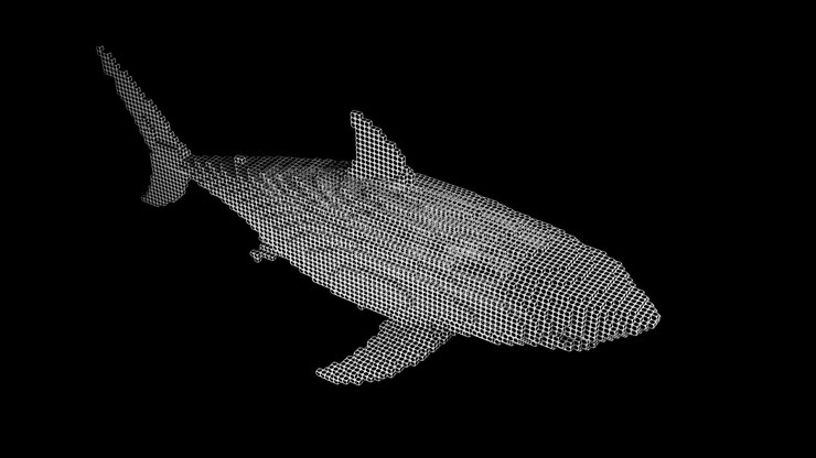 Foto um tubarão feito de muitos cubos em um espaço uniforme preto. construtor de elementos cúbicos. arte do mundo animal selvagem no desempenho moderno. renderização em 3d.