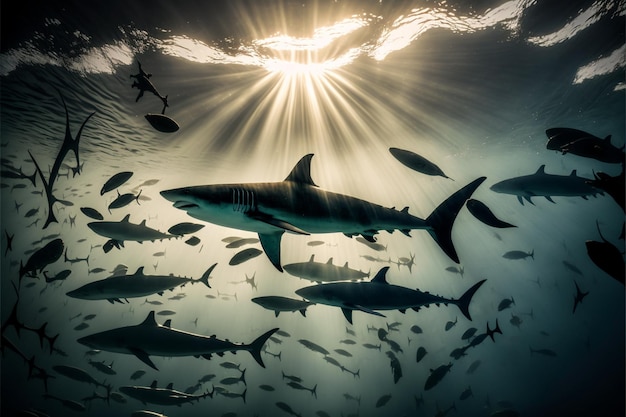 Um tubarão nada sob a água com o sol brilhando sobre ele.