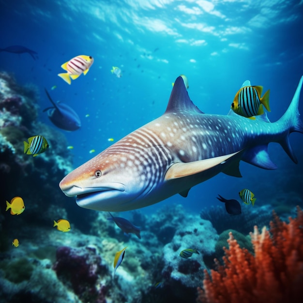 Um tubarão-tigre nadando em um oceano azul com um recife de coral ao fundo.