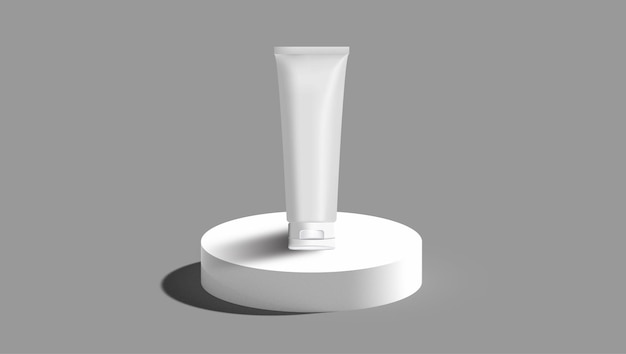 Um tubo branco de loção está em um pedestal redondo