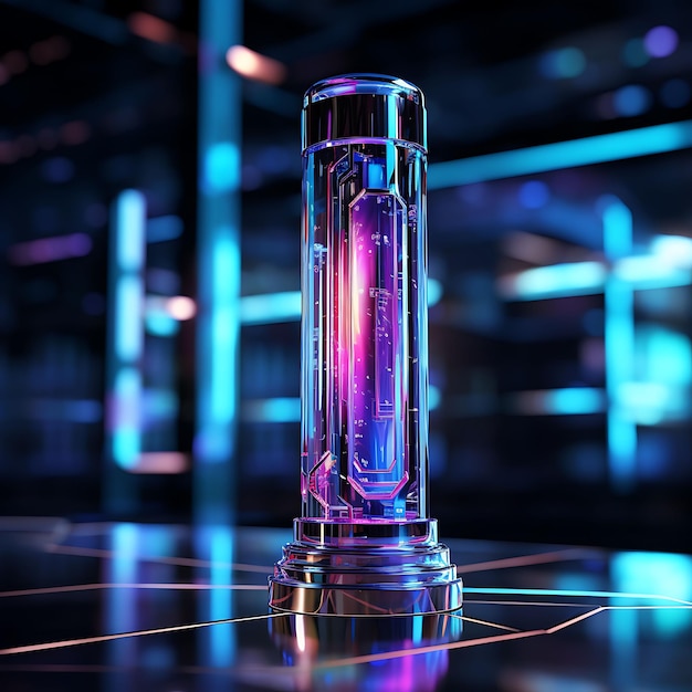 Um tubo cosmético futurista em uma plataforma holográfica SciFi Photoshoot Concept Ideas Scene Art