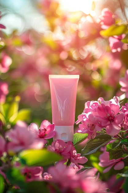 Um tubo de creme facial aninhado entre flores cor-de-rosa vibrantes a tomar o sol suavemente