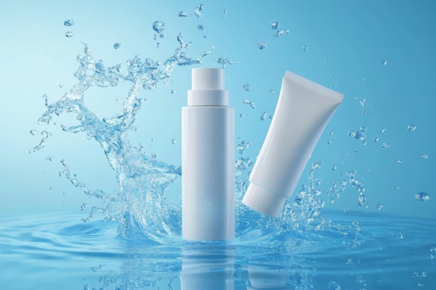 um tubo de shampoo branco está sendo salpicado por um spray de água