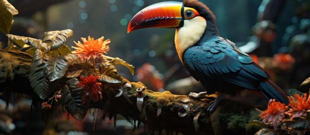 Foto um tucano colorido senta-se graciosamente em um galho da selva, cercado de folhagem exuberante