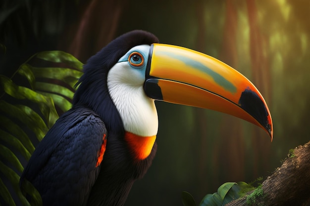 Um tucano com um bico azul e laranja senta-se em uma selva.