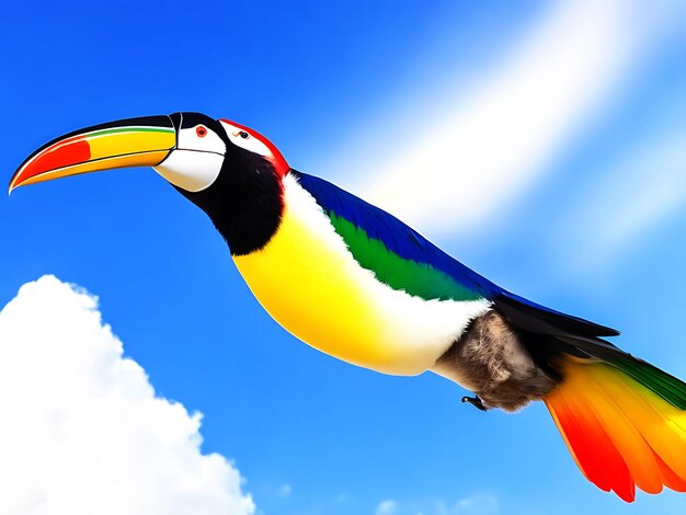 Um tucano com um bico da cor do arco-íris voando por um céu azul brilhante gerado por Ai