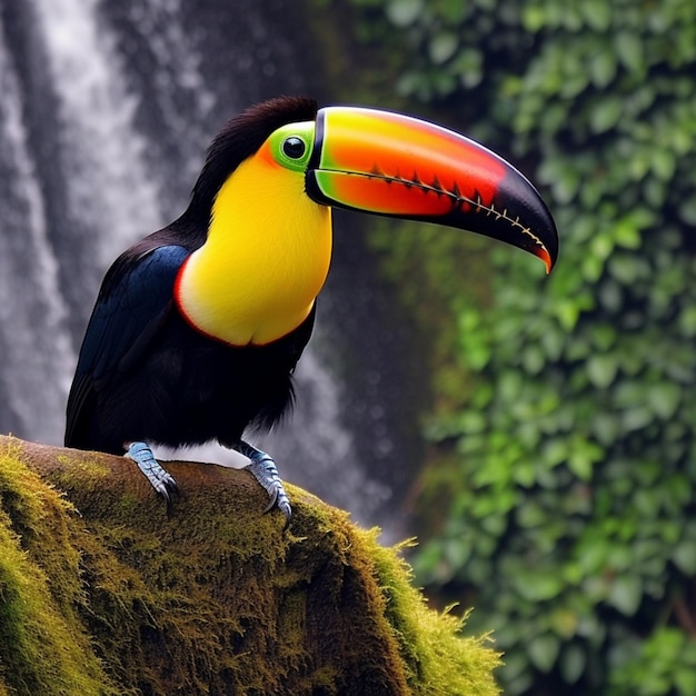 Um tucano com um bico grande está sentado em um galho de árvore.