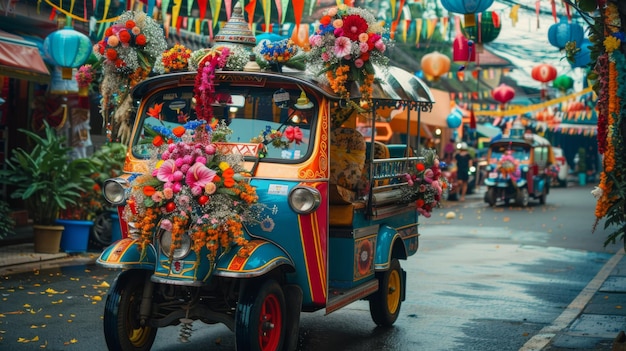 Foto um tuktuk decorado com flores e ornamentos coloridos para uma celebração festiva