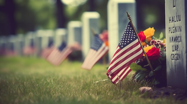 Um túmulo com uma bandeira americana e flores coloridas são visíveis ao fundo no Memorial Day