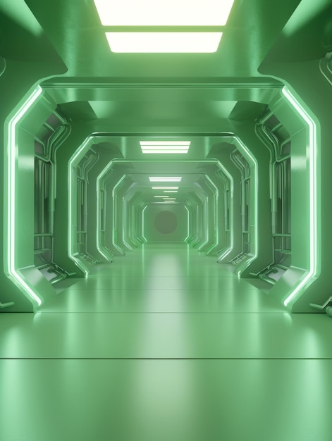 Um túnel brilhante com luzes verdes de néon evoca a energia de viagens futuristas com suas cores vibrantes levando para uma saída com cúpula de vidro