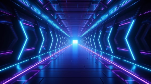 Um túnel com luzes neon e uma luz azul.