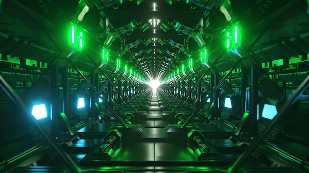Um túnel com luzes verdes e uma luz no final