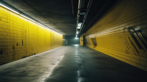 Um túnel com paredes amarelas e uma luz no teto