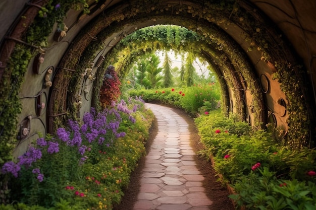 Um túnel com um jardim de flores ao fundo